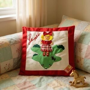 Vintage Lenci Italy Felt Appliqué Pillow Cover Red Girl Design 20”x20”